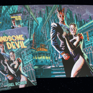 Picture shows the full cover art in poster format with a hardcover book and bookmark