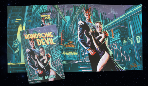 Picture shows the full cover art in poster format with a hardcover book and bookmark